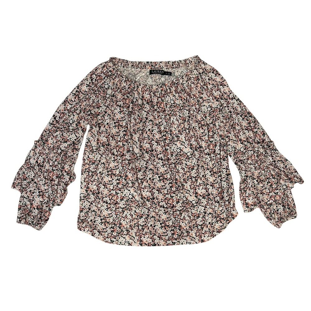 Lauren Ralph Lauren Floral Smocked Off Shoulder Ruffle Sleeve Blouse Medium
